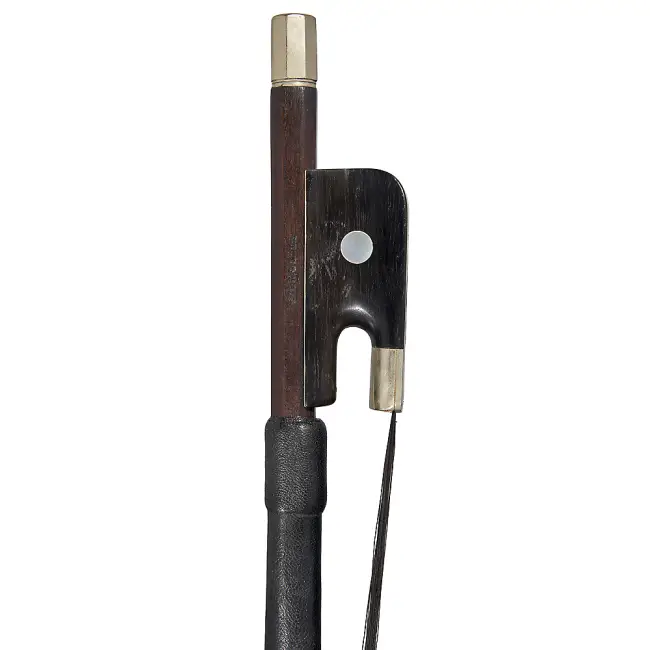 English Double Bass Bow c1900, stamped W** & Sons, French Pattern, Nickel and Ebony Mounted, Round Stick, 140g - Cover Image